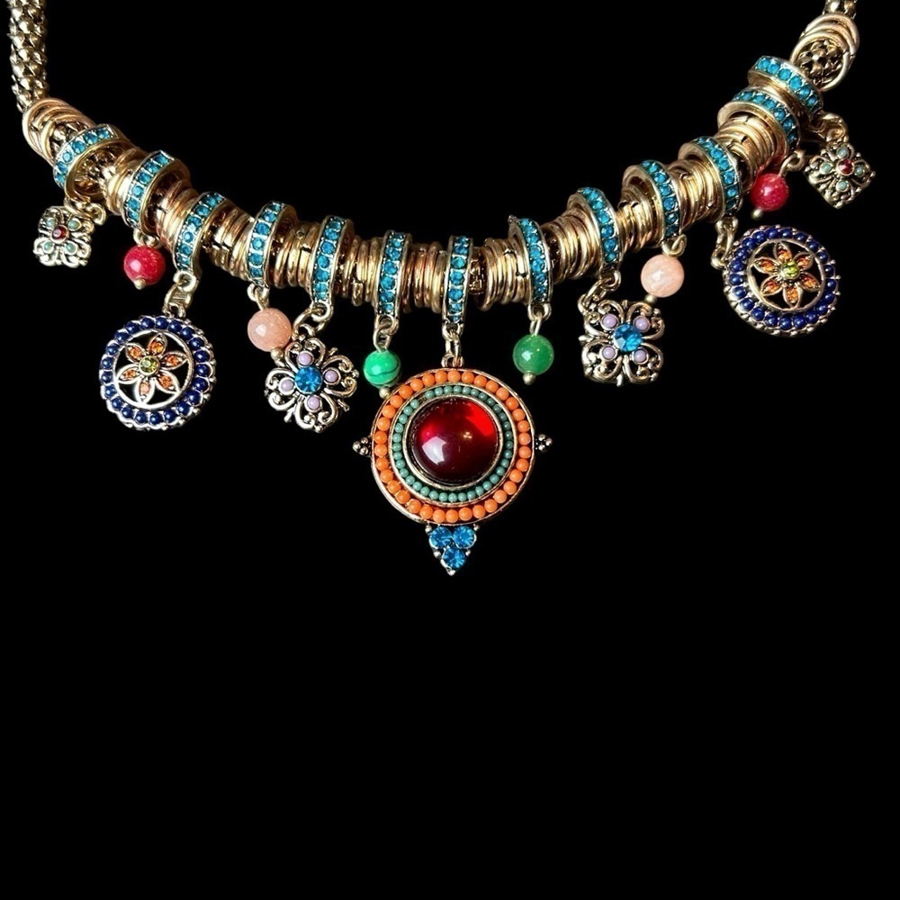 Gold Tone Necklace W/ Jewel Tone Beaded & Rhinestone Charms and Medallions - Picture 3 of 16